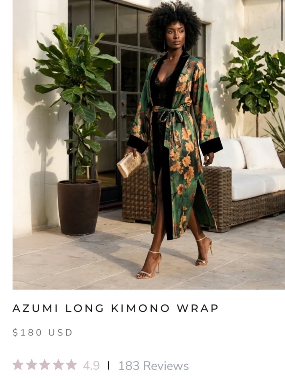 Kim+Ono Azumo long Green Floral Kimono with Black Trim